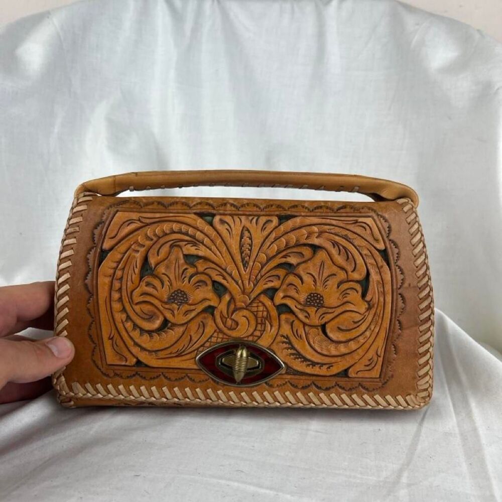 Cody Saddle Co. Tan Leather Handbag With Intricate Floral Design Gemstone